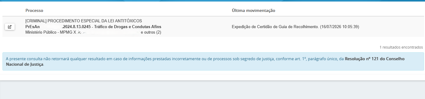 Tela de pesquisa da consulta p&uacute;blica do PJe TJMG, no qual um processo foi encontrado.