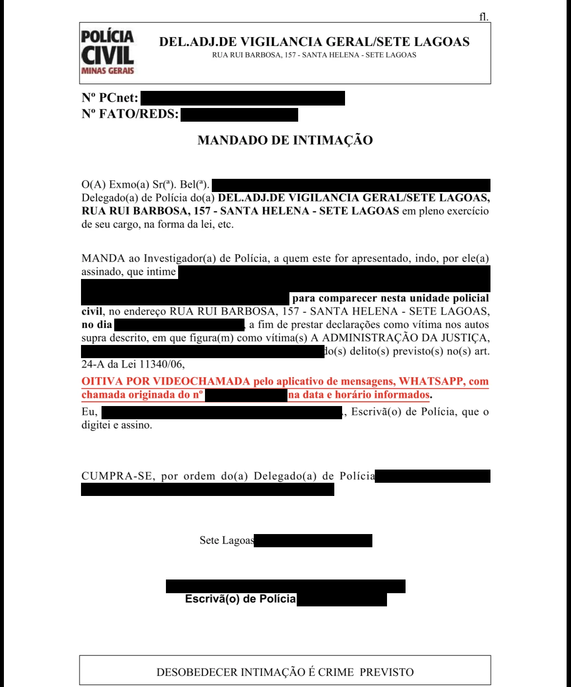 intimado pela polícia: intimação da PCMG para comparecer na condição de investigado/suspeito